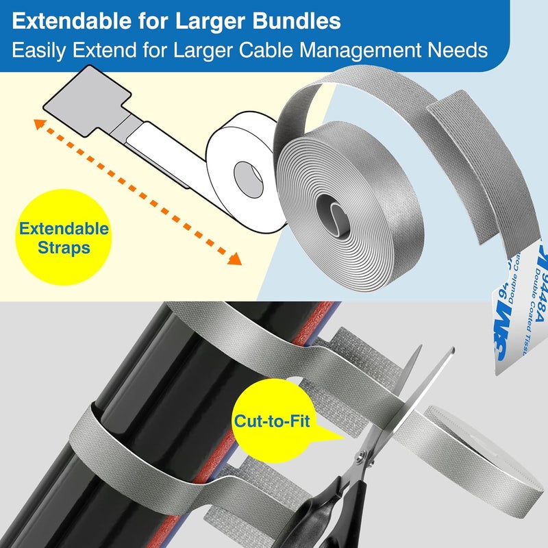 Tapsi Cable Management Kit – 40 Self-Adhesive Hook and Loop Ties with 2 Extension Straps – Made with 3M Tape, Back-Sticky Cord Organizer for Under Desk, Wall, Home, Office – Adjustable Wire Holders - Image 4